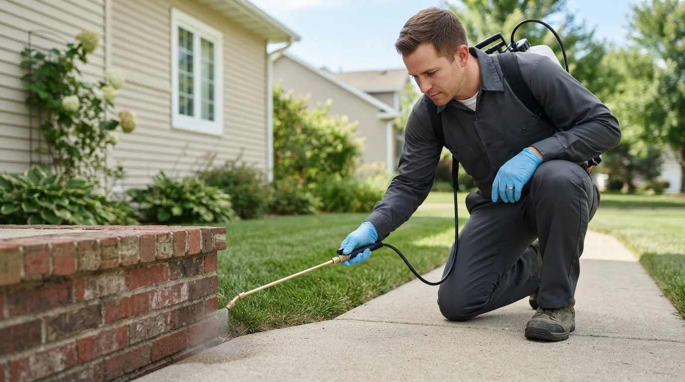Pest control technician treating a home near Little River Academy, TX